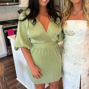 Lulus Ethereal Angel Light Green Glitter Puff Sleeve Mini Dress - Large
